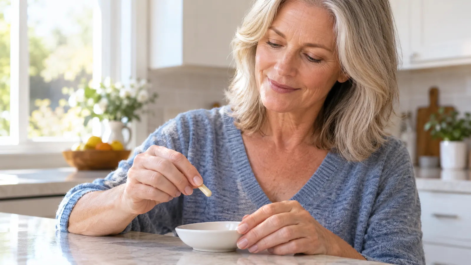 A hand holds a single capsule over a small dish on a kitchen counter in morning light.