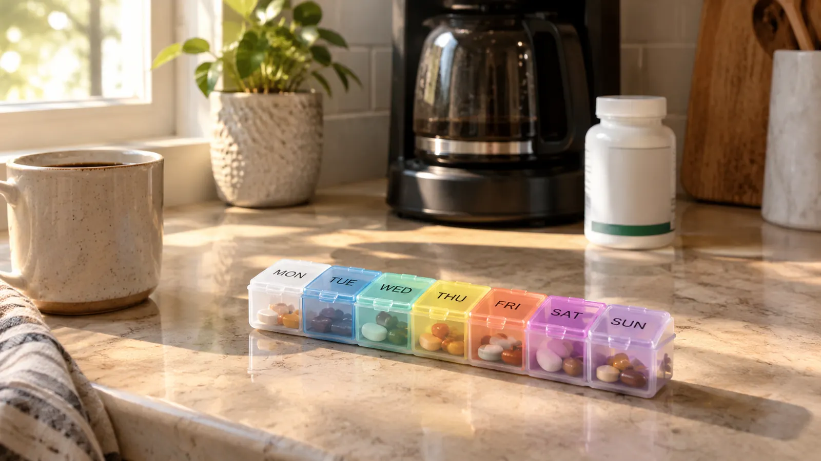 A tidy kitchen counter with a weekly pill organizer, a coffee maker, and a closed supplement bottle in the background in warm morning light.