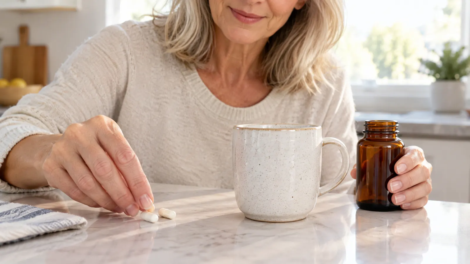 A hand placing two capsules next to a mug on a kitchen counter