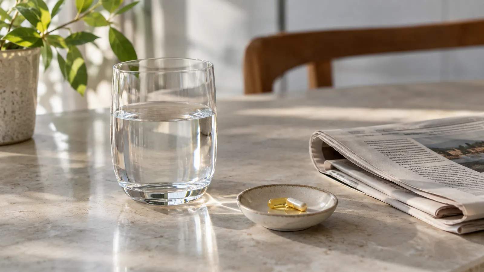 A calm kitchen scene with a glass of water and a small dish holding two capsules beside a newspaper