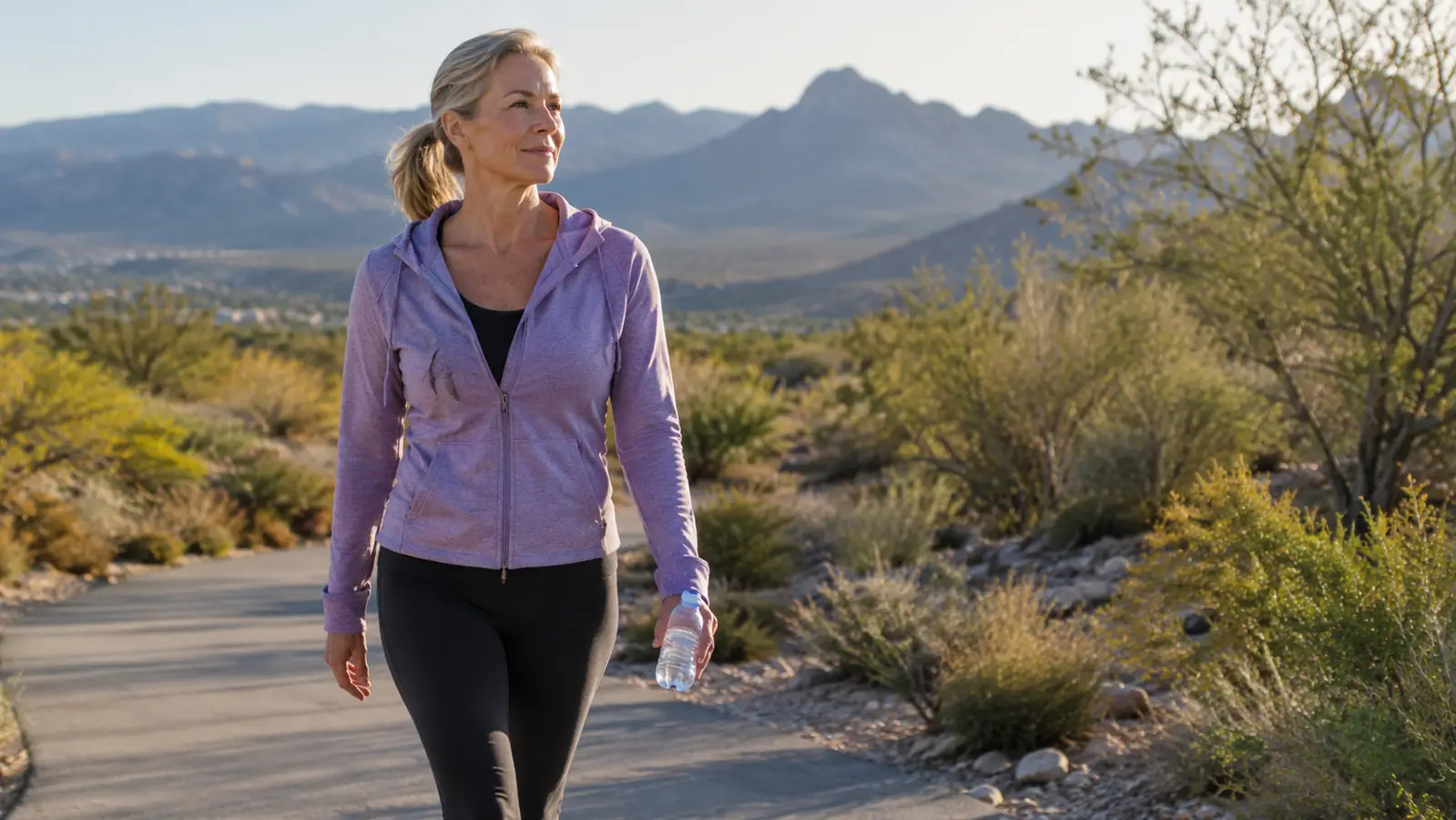 Woman in her late fifties walking on a paved desert trail in the early morning with mountains in the distance