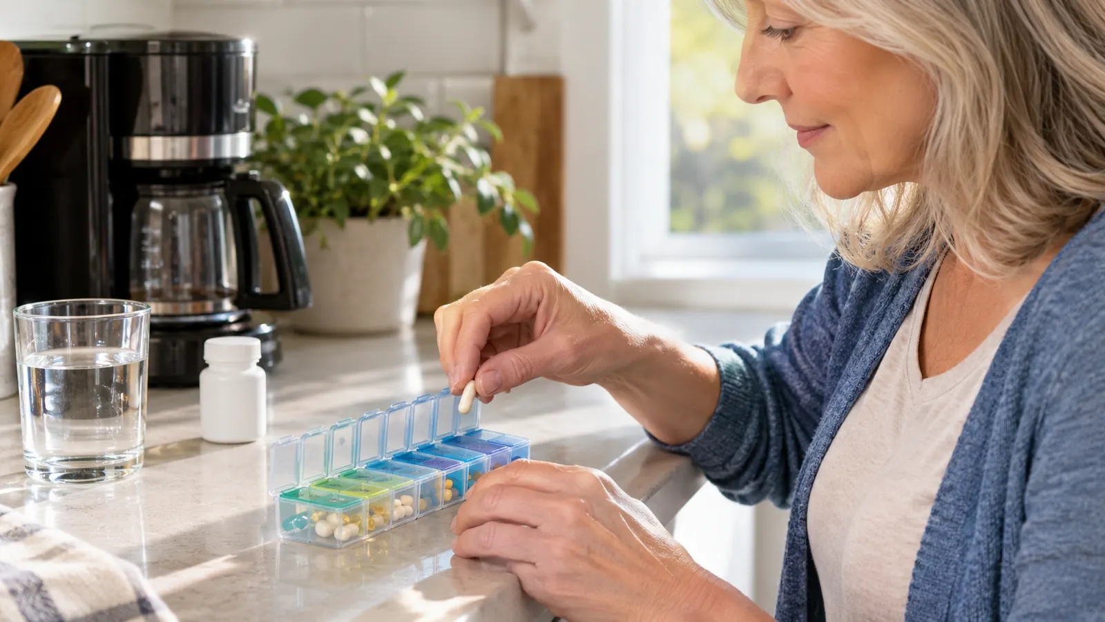A hand placing a supplement into a weekly pill organizer on a kitchen counter next to a coffee maker