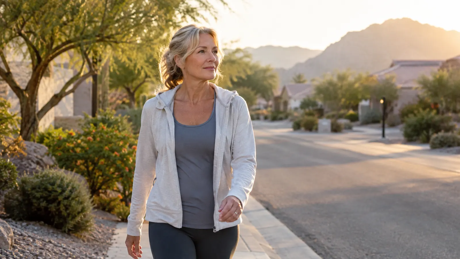 A woman in her late fifties walking on a quiet residential street in the early morning