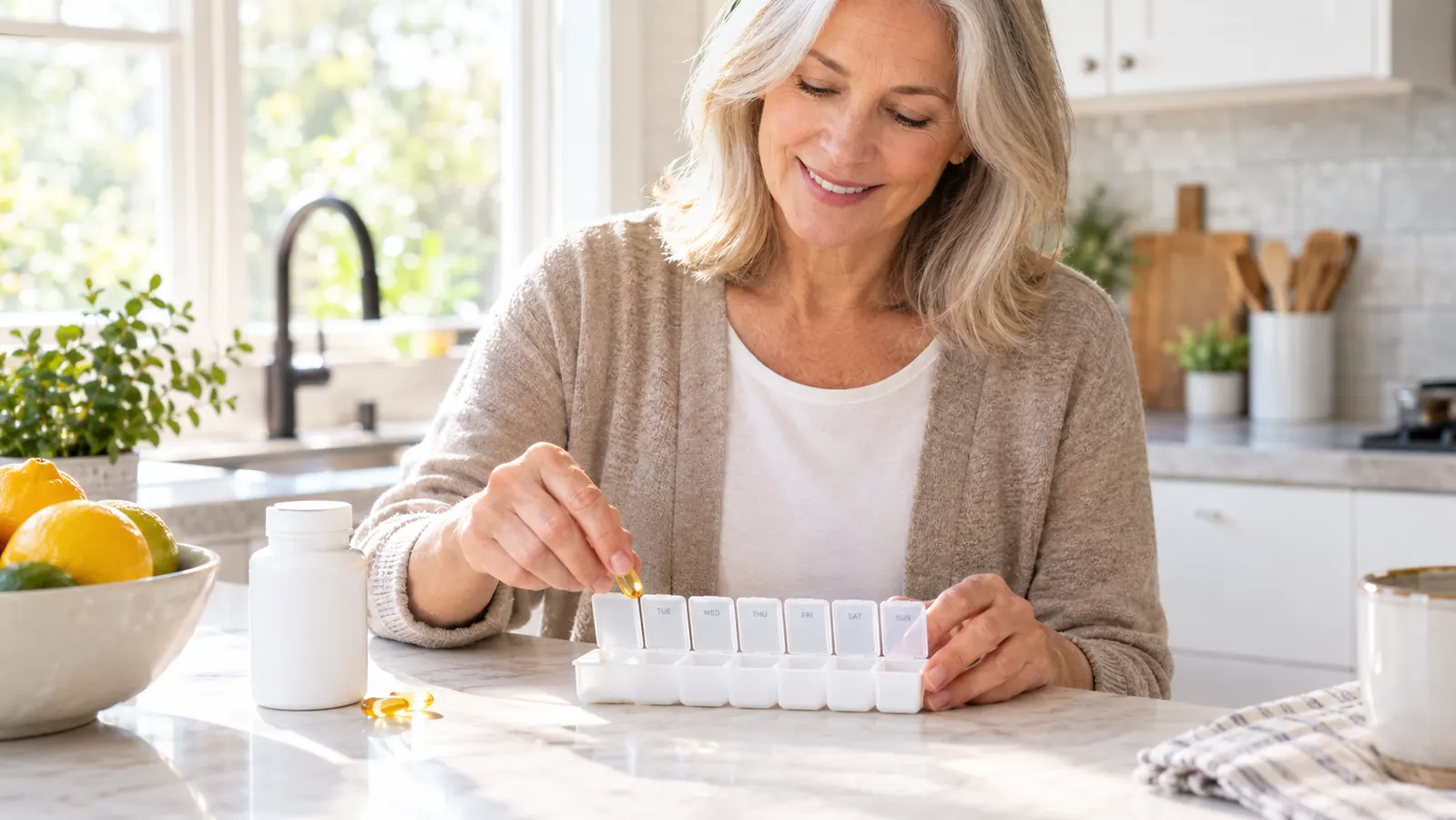 A hand in a bright kitchen places a softgel capsule into a weekly pill organizer compartment