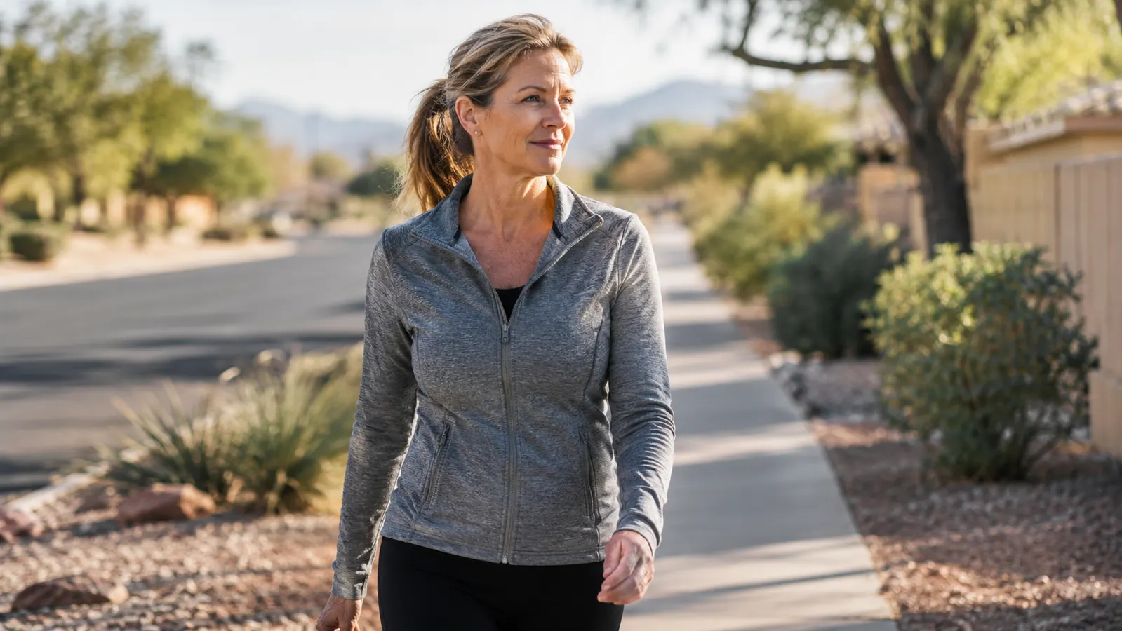 A woman in her late fifties walking on a quiet neighborhood sidewalk in the morning, soft light, no product visible