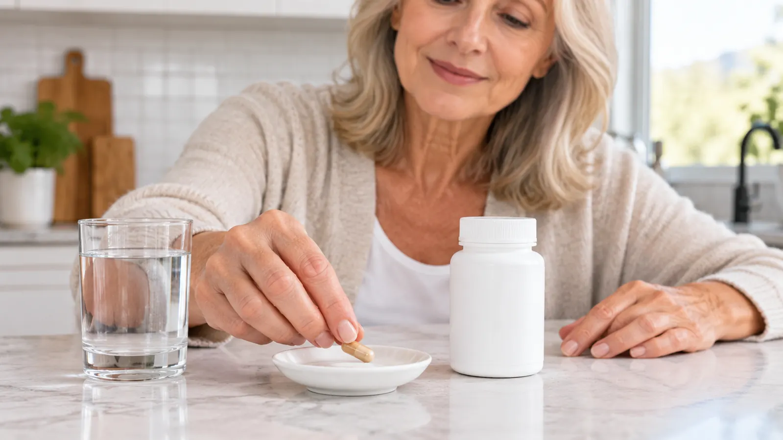 A close view of a hand placing a capsule on a saucer beside a glass of water on a kitchen counter