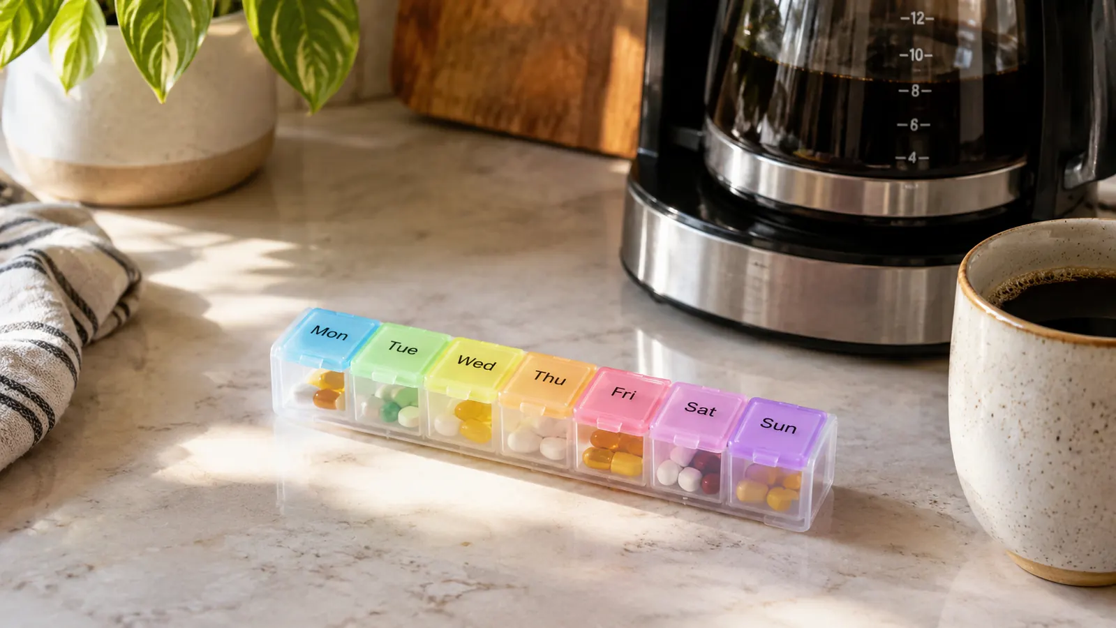 A simple flat-lay of a weekly pill organizer on a kitchen counter next to a coffee maker