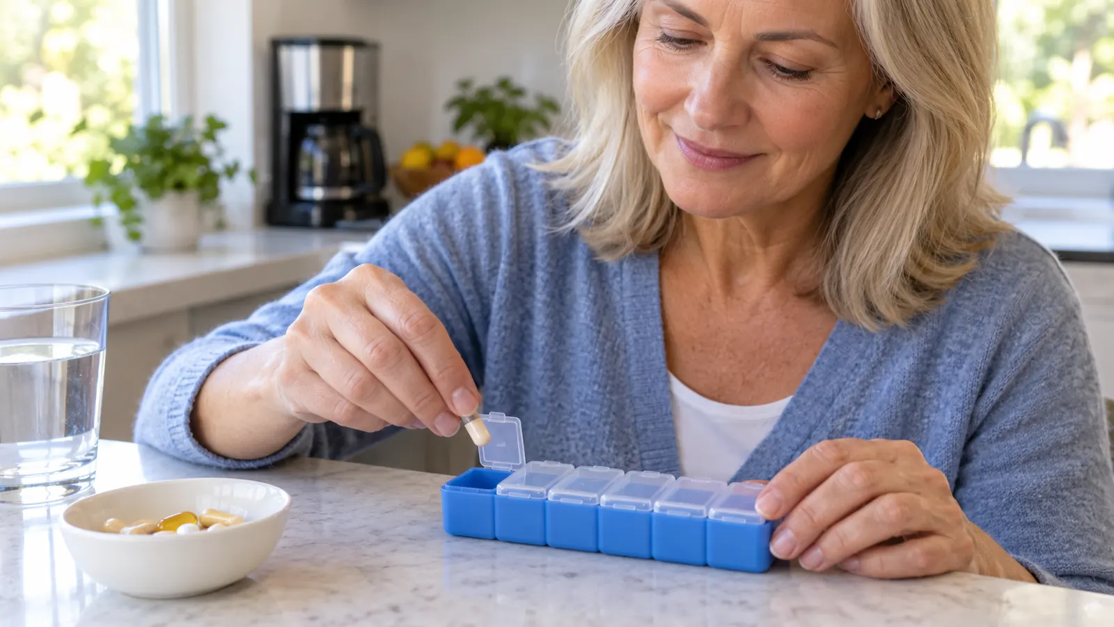 A hand placing a daily supplement into a weekly pill organizer on a kitchen counter.