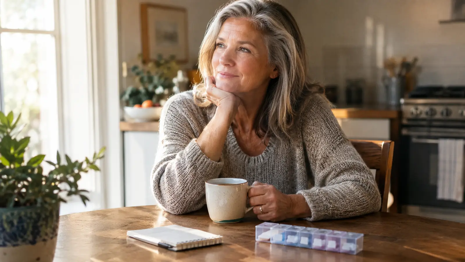 A woman in her late fifties sitting at a kitchen table with a cup of coffee and a small notebook.