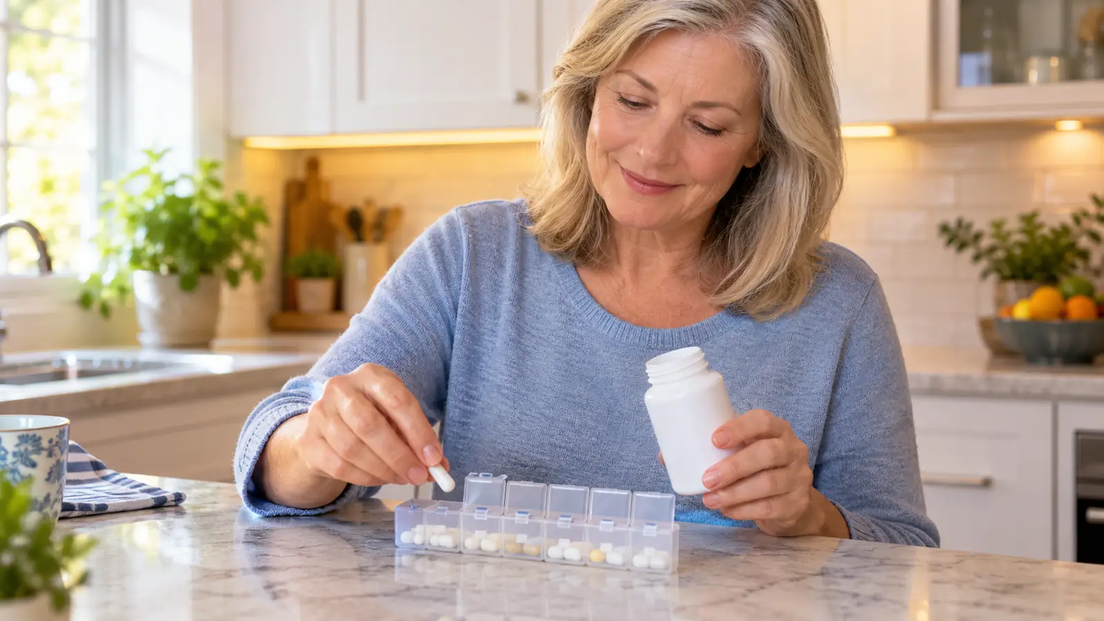 A woman in her late fifties holding a supplement bottle over a weekly pill organizer on a kitchen counter