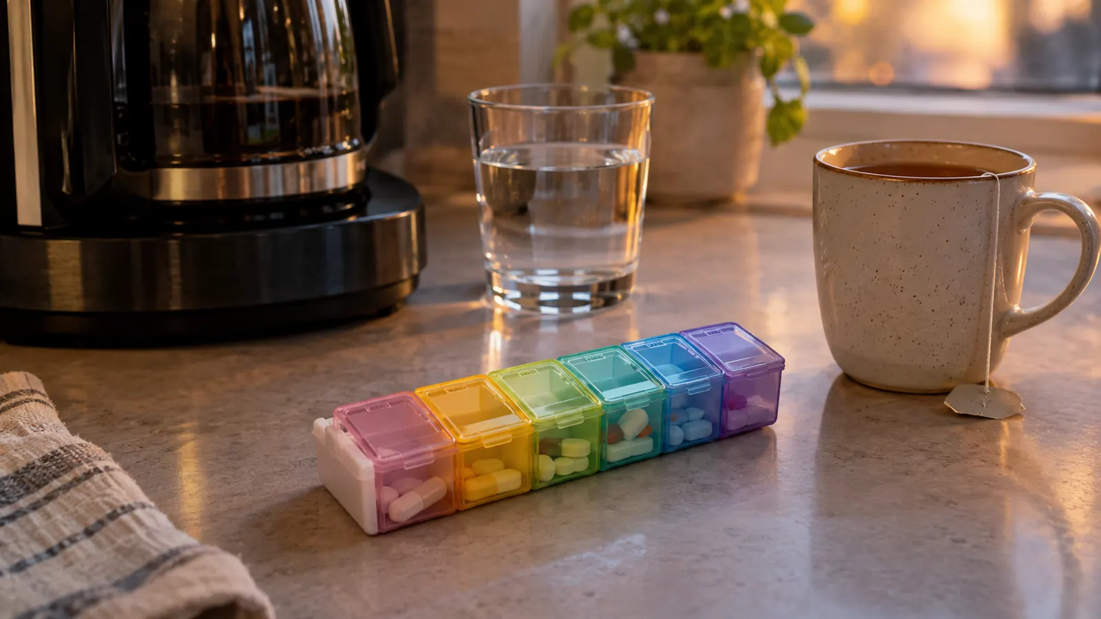 A weekly pill organizer on a kitchen counter with a glass of water and a mug of tea in the evening