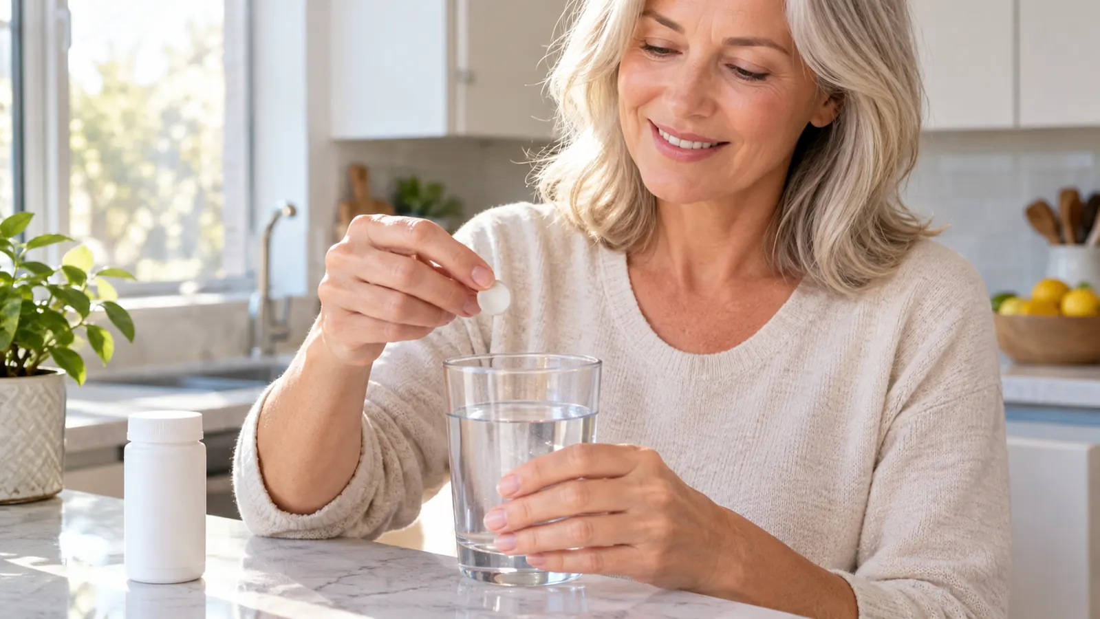 a hand holding a supplement over a glass of water on a kitchen counter in the morning