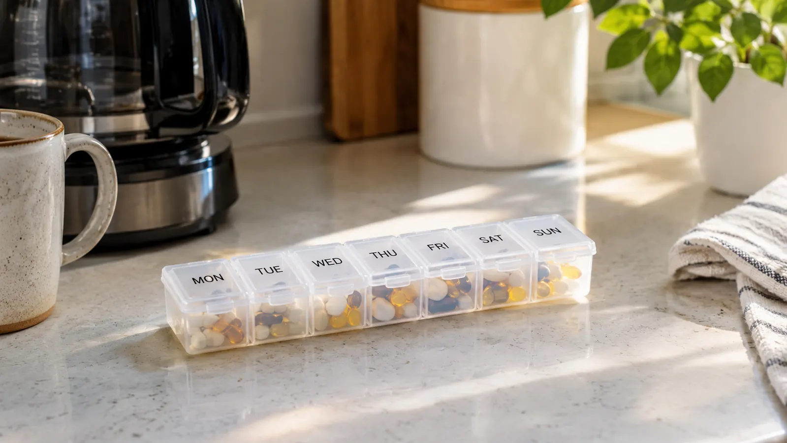 a weekly pill organizer sitting on a kitchen counter next to a coffee maker