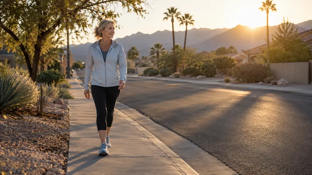 A woman in her late fifties walking on a quiet residential street in the early morning light.