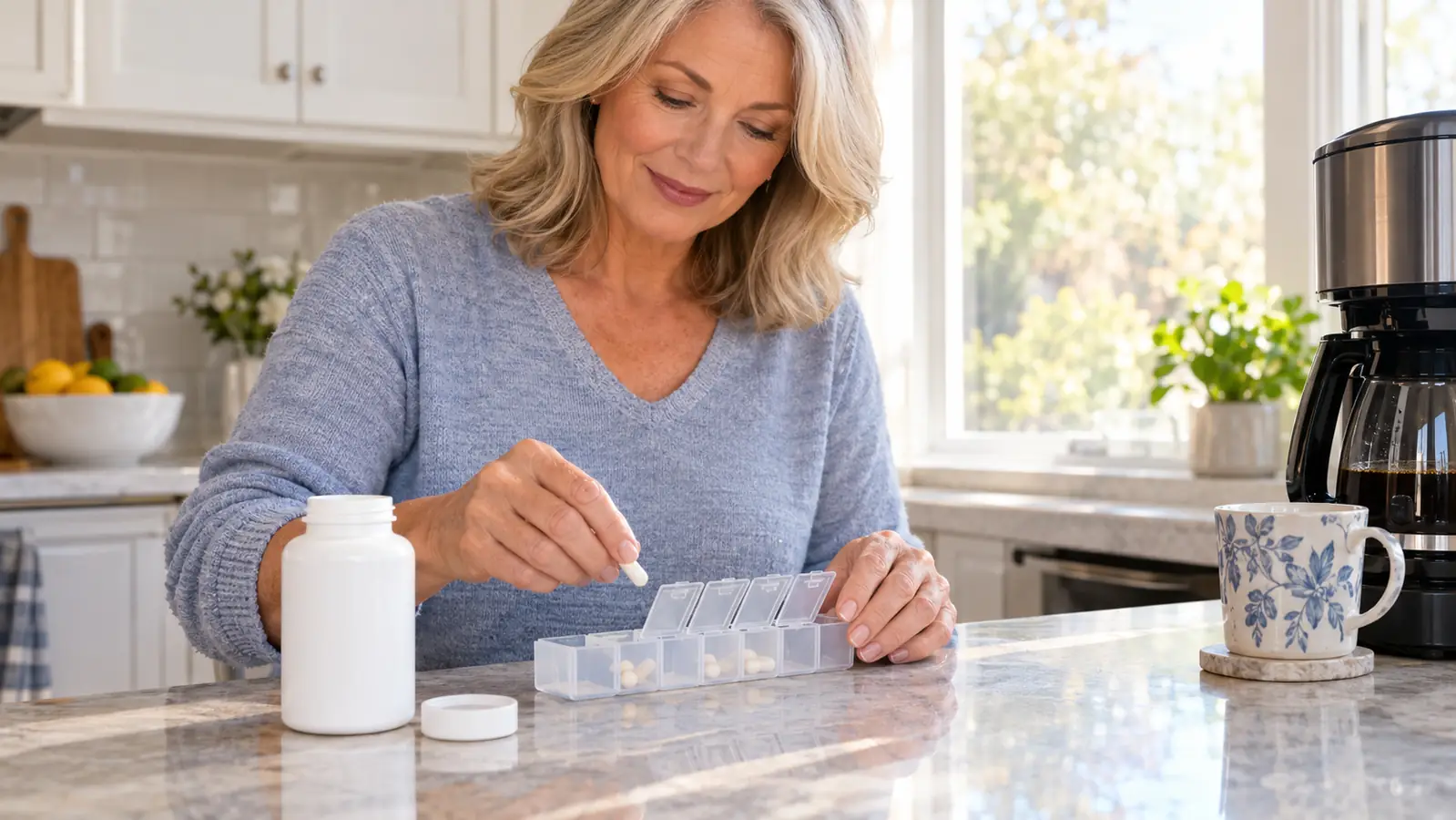 A woman in her late fifties placing a single capsule into a weekly pill organizer on the kitchen counter next to a coffee maker