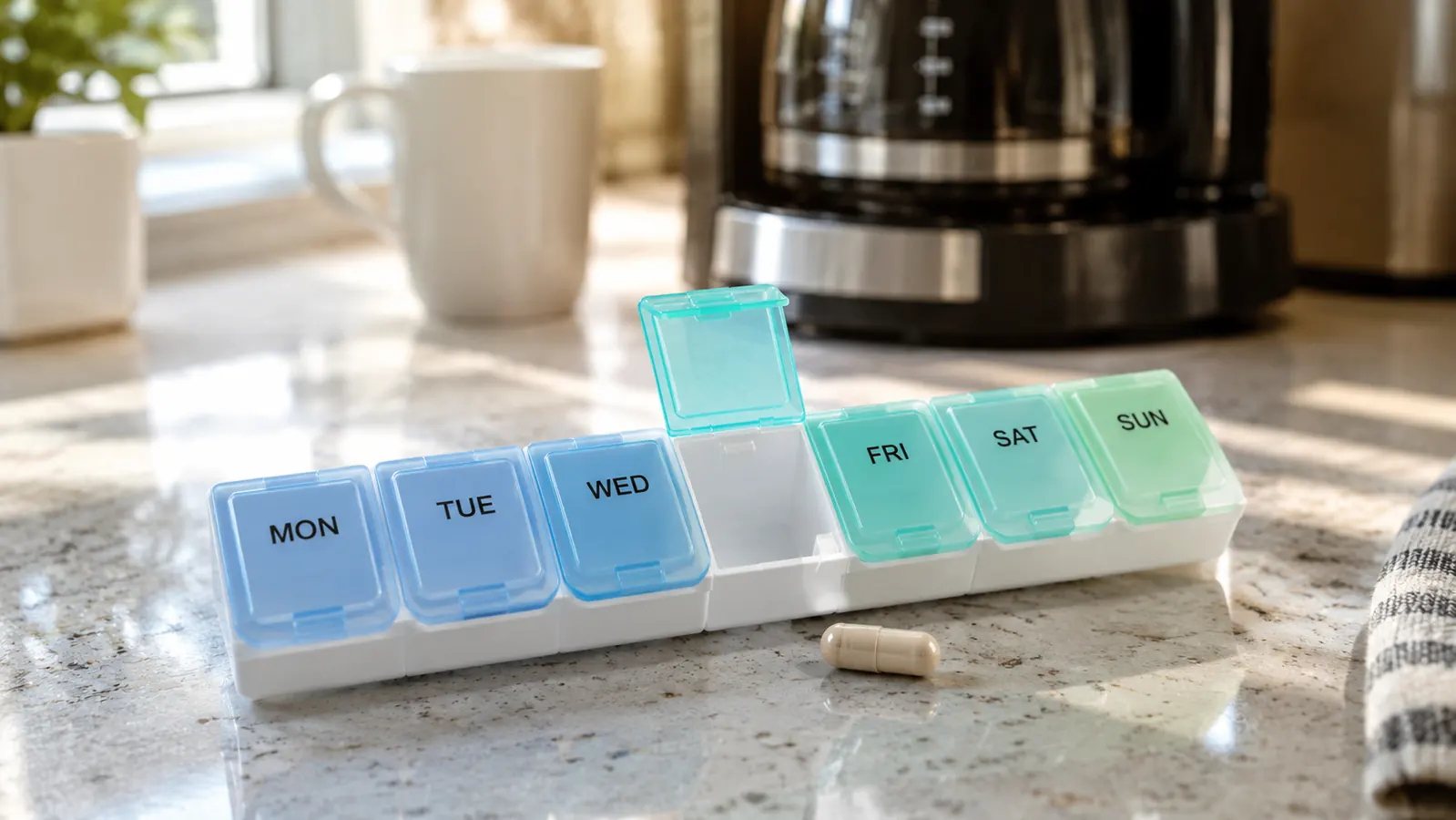 A weekly pill organizer on a kitchen counter, with one compartment open and a single capsule beside it, a coffee maker softly blurred in the background