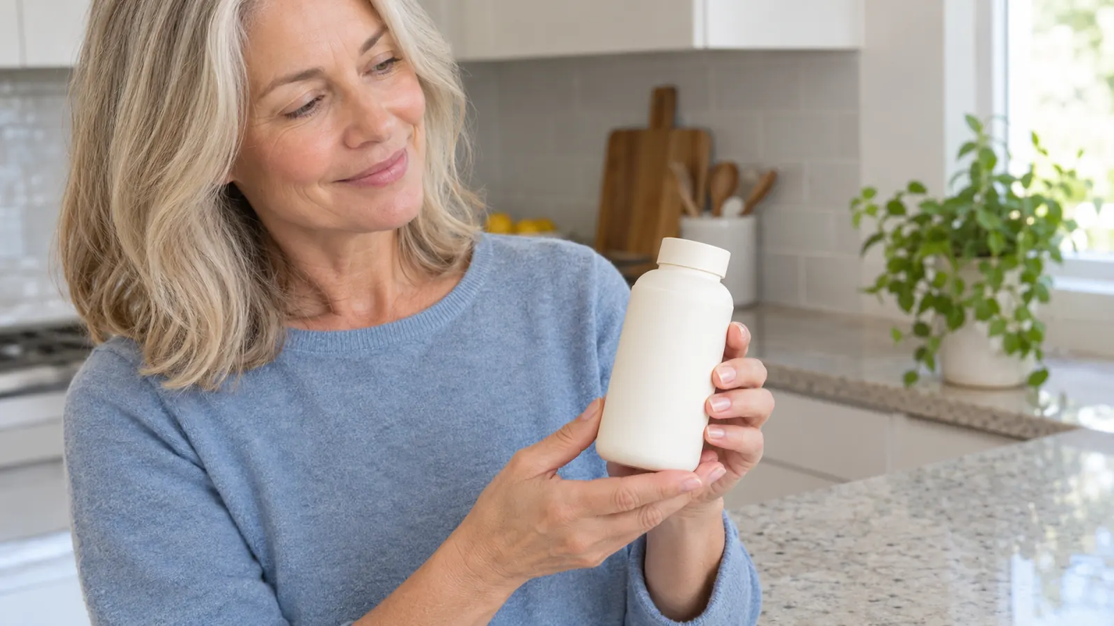 A hand holding a small supplement bottle with a simple label above a kitchen counter, no text legible