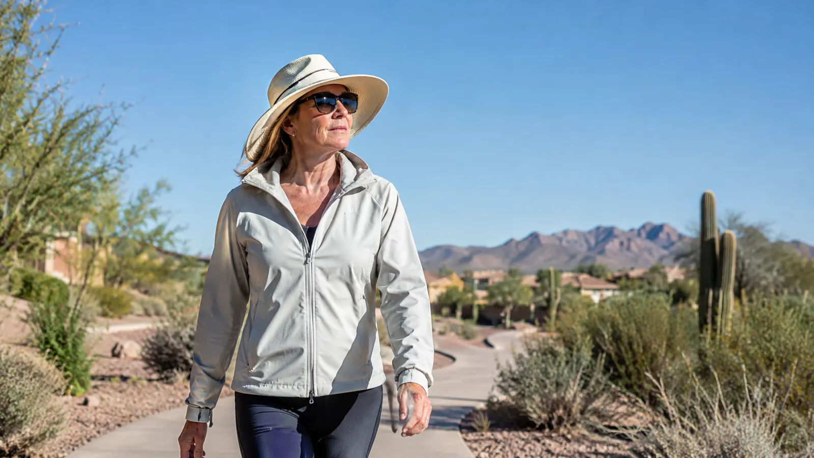 A woman in her late fifties walking on a paved path in a desert neighborhood in the morning, wearing a sun hat and light jacket