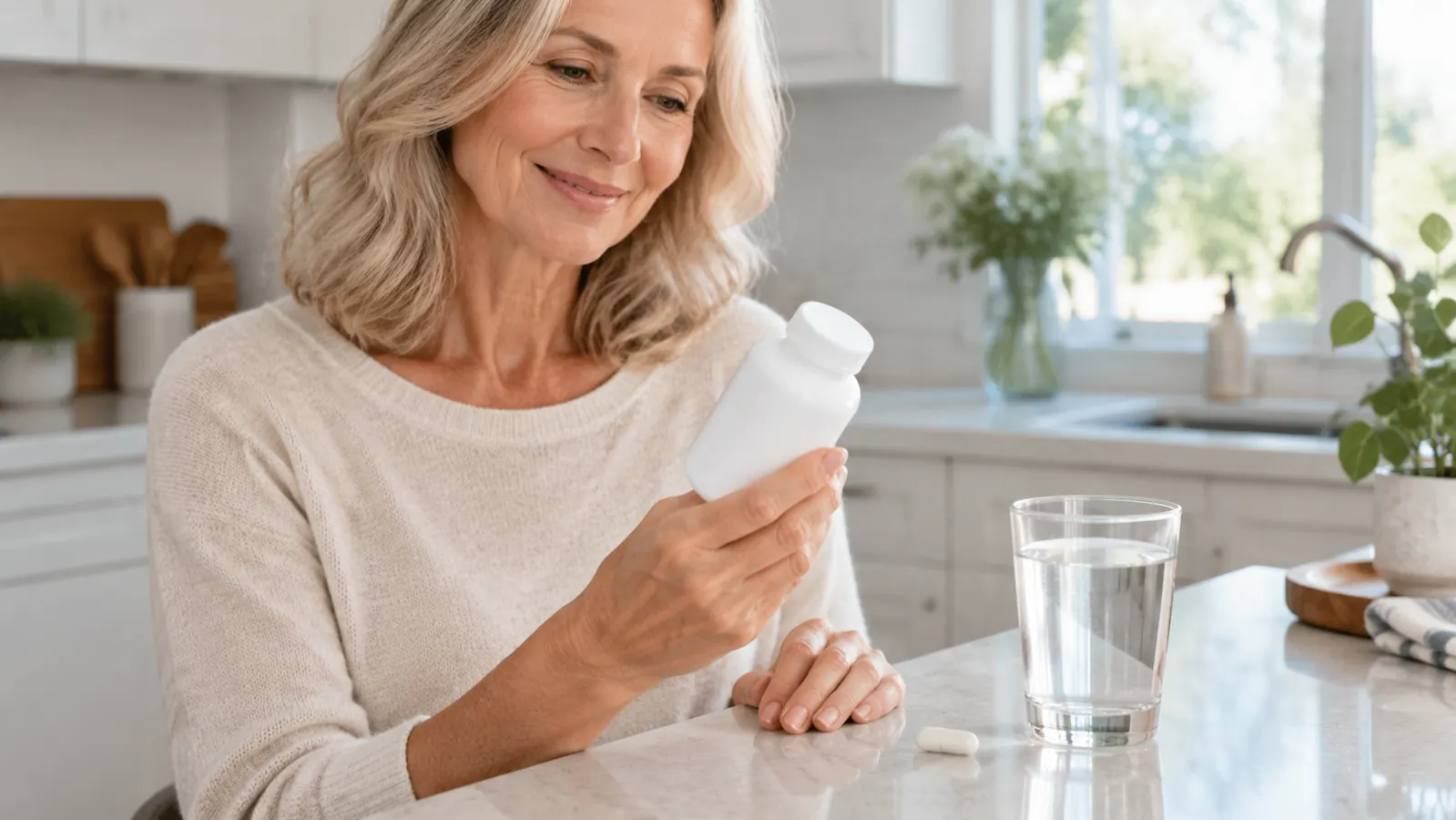 A hand holding the Nutricost supplement bottle over a kitchen counter with a glass of water nearby