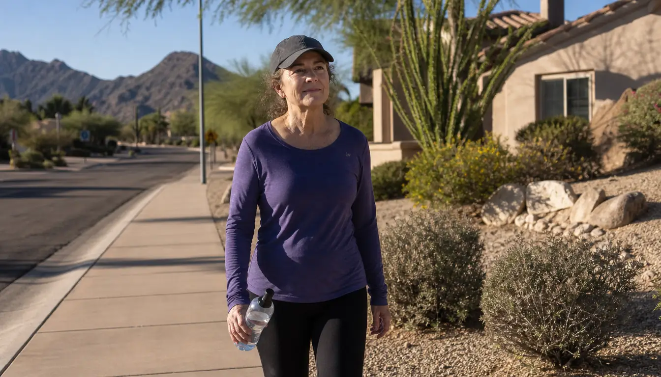 A woman in her late fifties walking on a quiet neighborhood sidewalk in the morning, holding a water bottle, with low desert landscaping and mountains in the distance