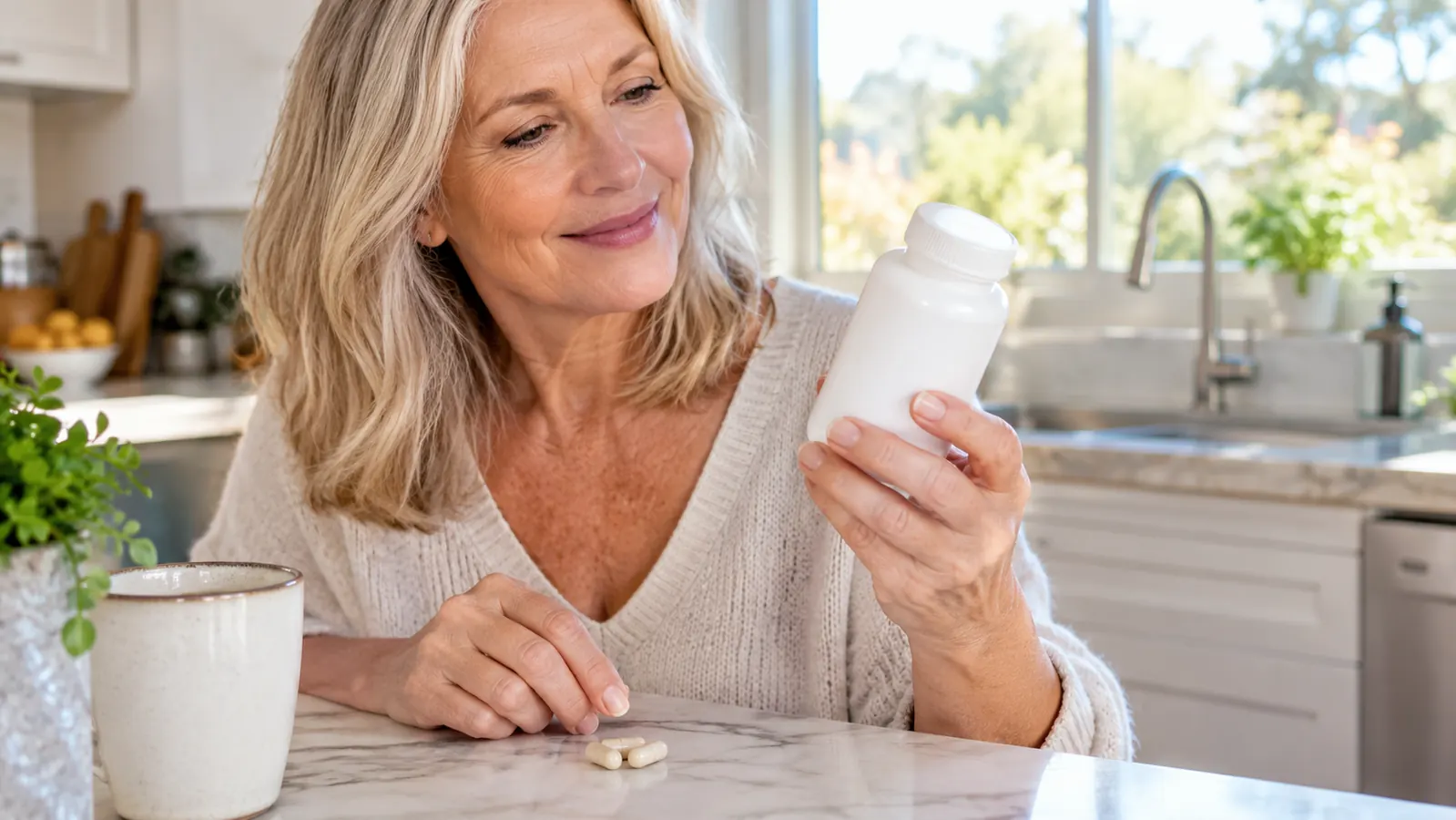 A hand holding a supplement bottle over a kitchen counter with a few capsules beside it