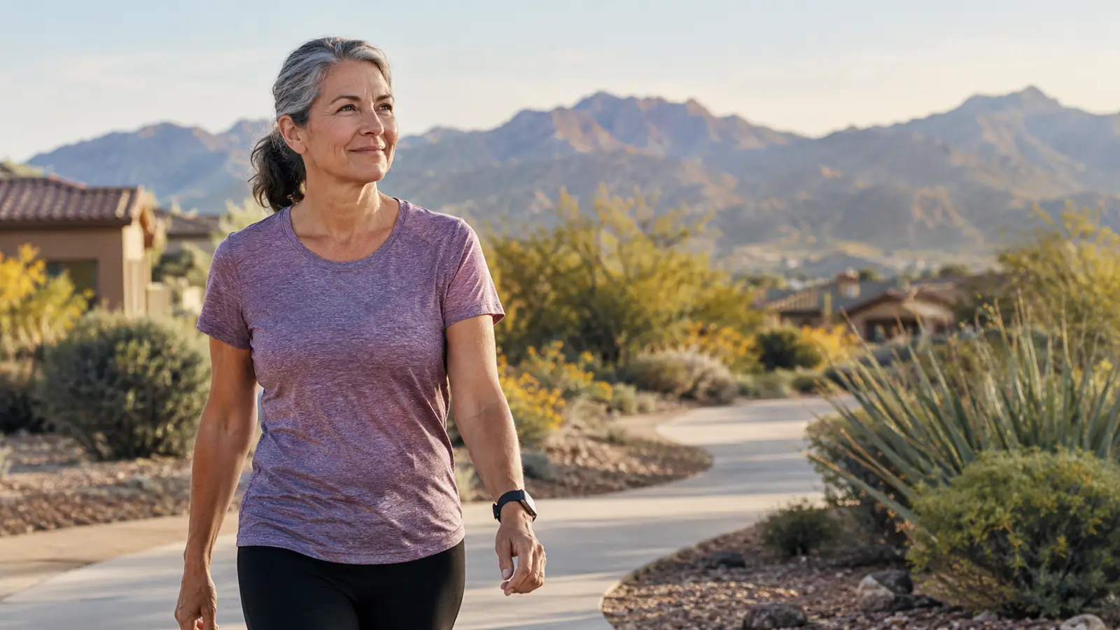 A woman in her late fifties walking on a paved path in a sunny desert neighborhood in the early morning