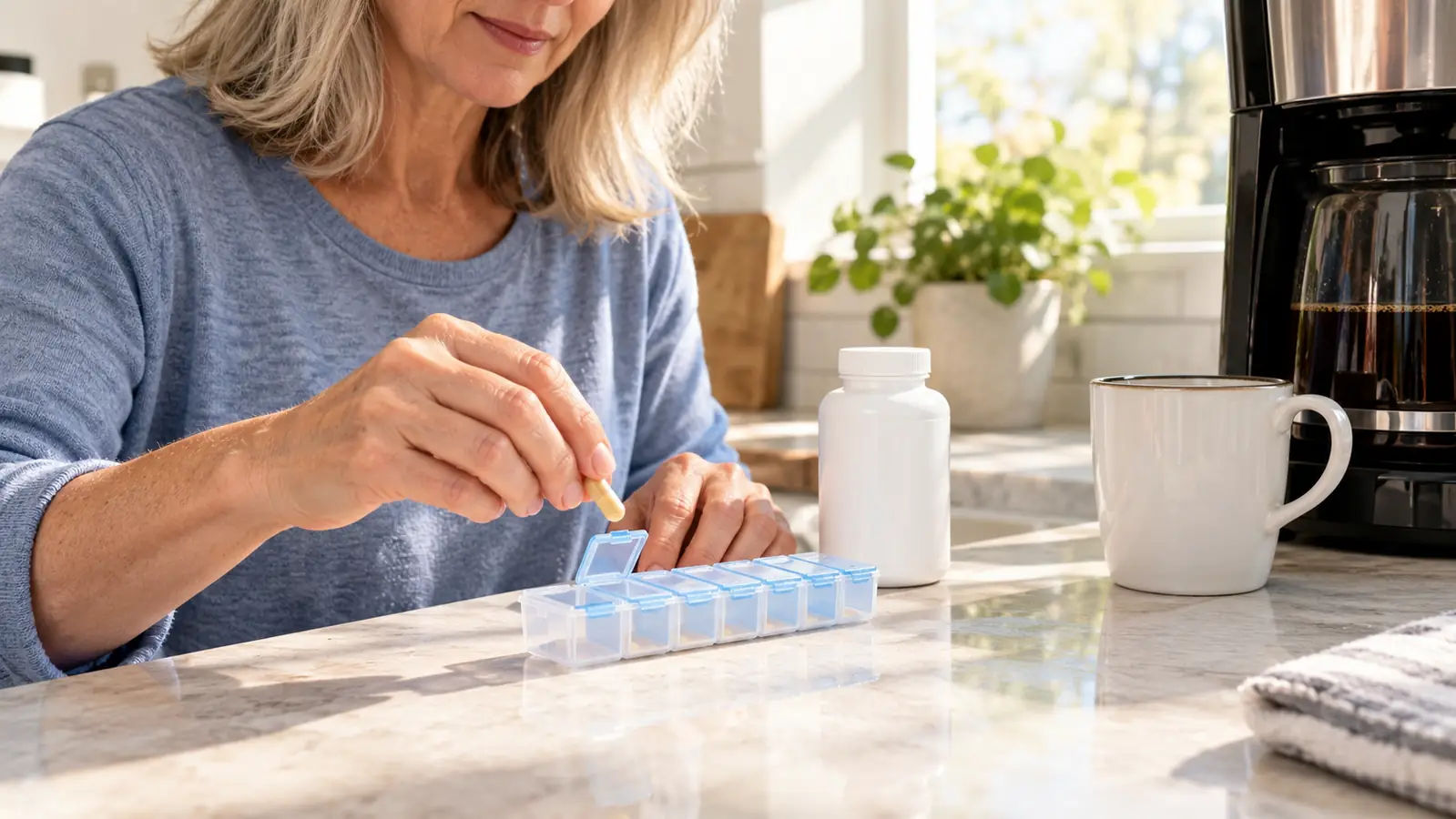 A hand placing a small capsule on a kitchen counter beside a weekly pill organizer and a coffee maker