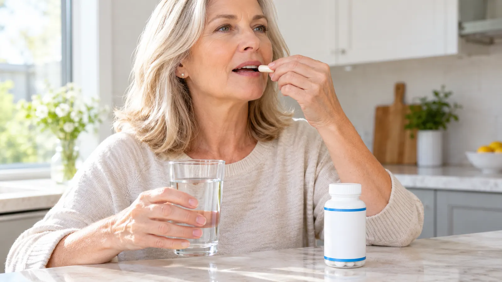A woman in her late fifties placing a small capsule on her tongue with a glass of water at a bright kitchen counter