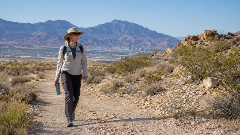 A woman in her late fifties walking on a flat desert trail in the morning, wearing a sun hat and light jacket, with a water bottle in hand