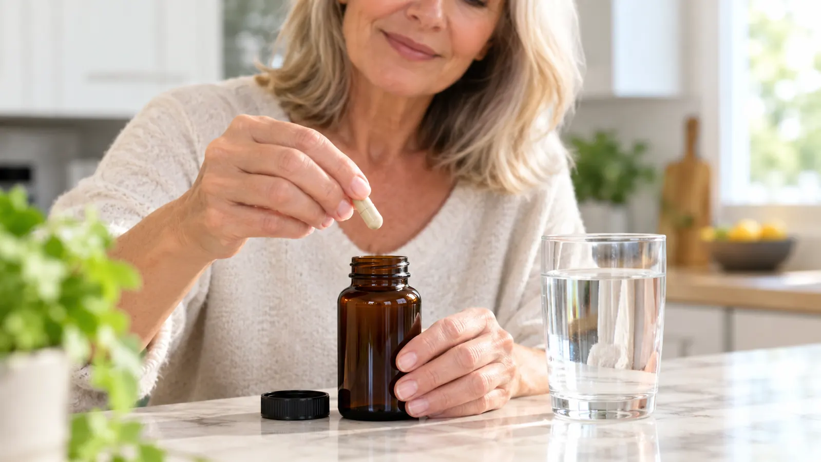 A woman's hand holding a single capsule above an open supplement bottle on a kitchen counter, with a glass of water nearby.