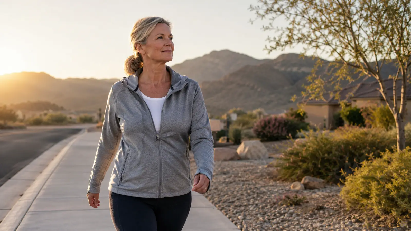 A woman in her late fifties walking on a quiet sidewalk in a Nevada neighborhood in the early morning, with low desert hills in the distance.