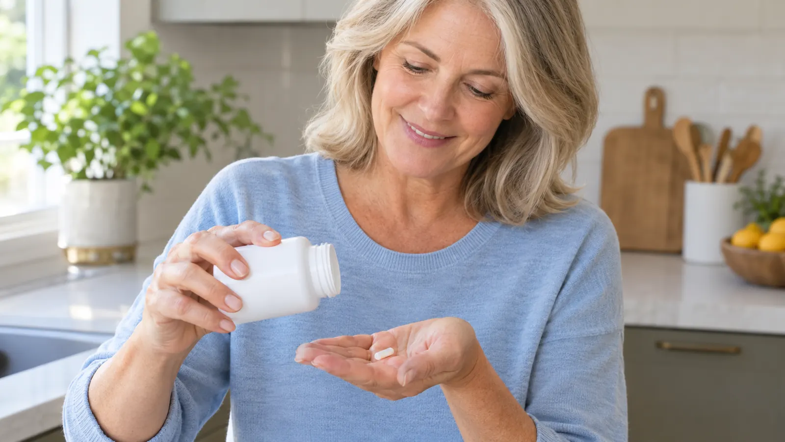 A woman in her late fifties holding a supplement bottle near her open palm with one capsule in her hand.