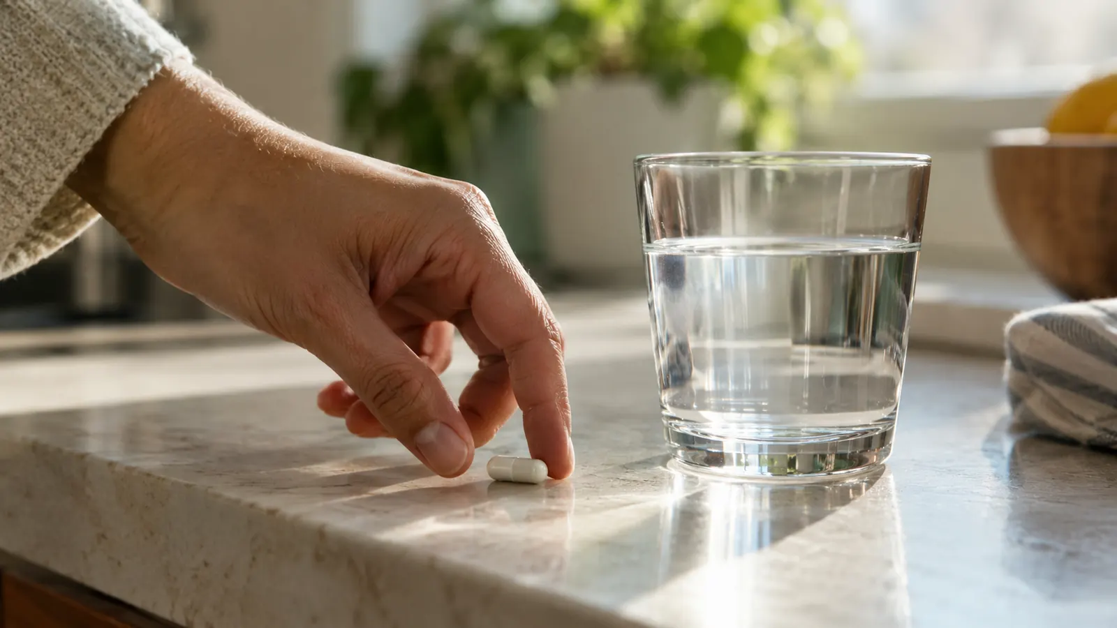 A hand placing a small capsule on a kitchen counter next to a glass of water.