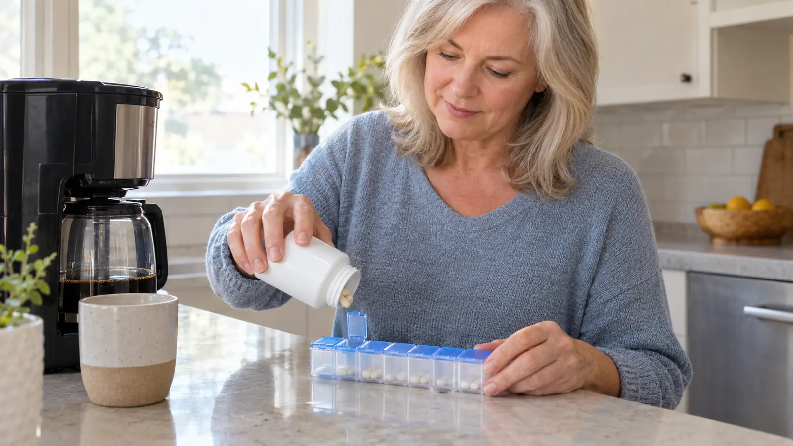 A woman in her late fifties holding a supplement bottle over her weekly pill organizer on the kitchen counter