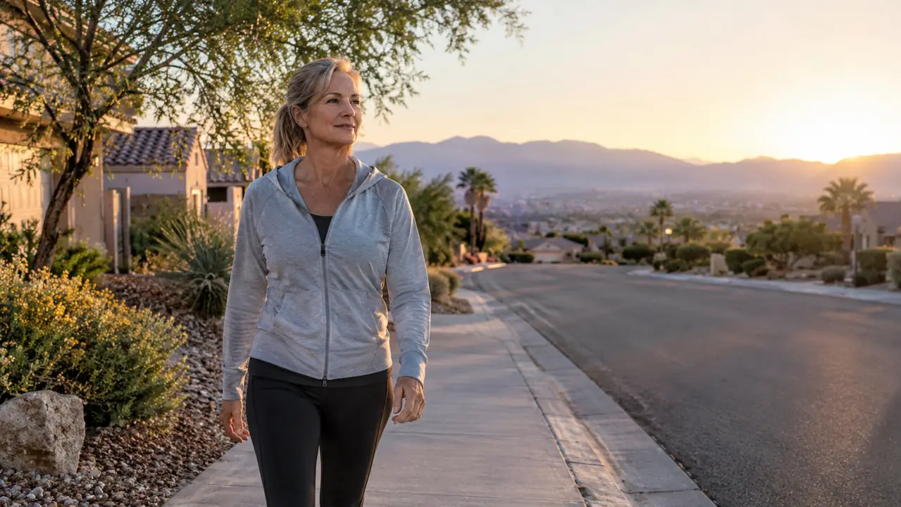 A woman in her late fifties walking on a quiet residential street in the early morning