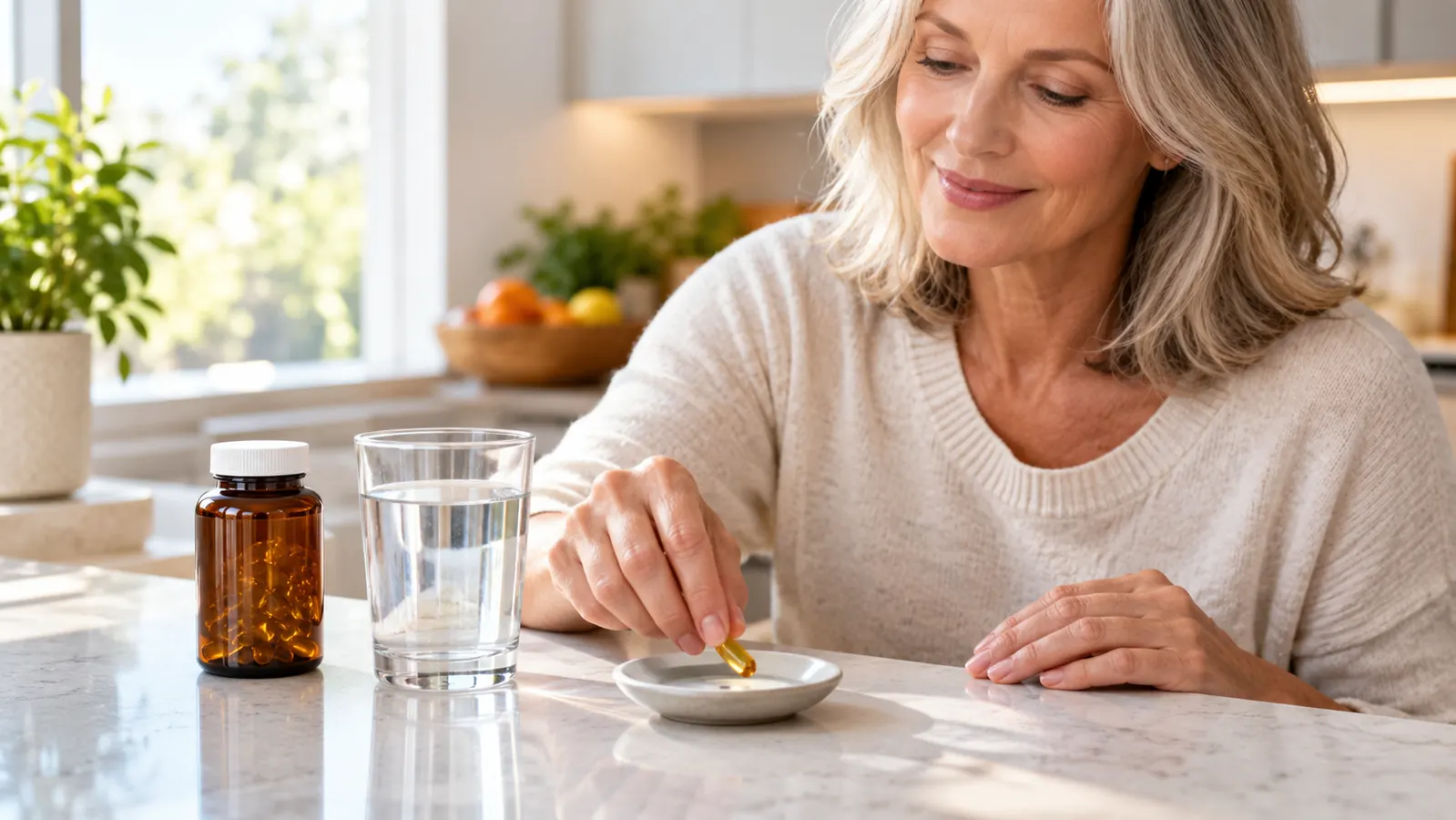 A woman's hand placing a softgel on a saucer next to a glass of water on a kitchen counter