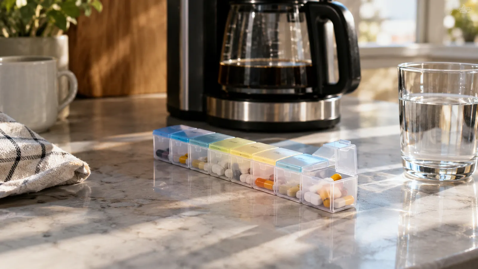 A weekly pill organizer on a kitchen counter next to a coffee maker in morning light
