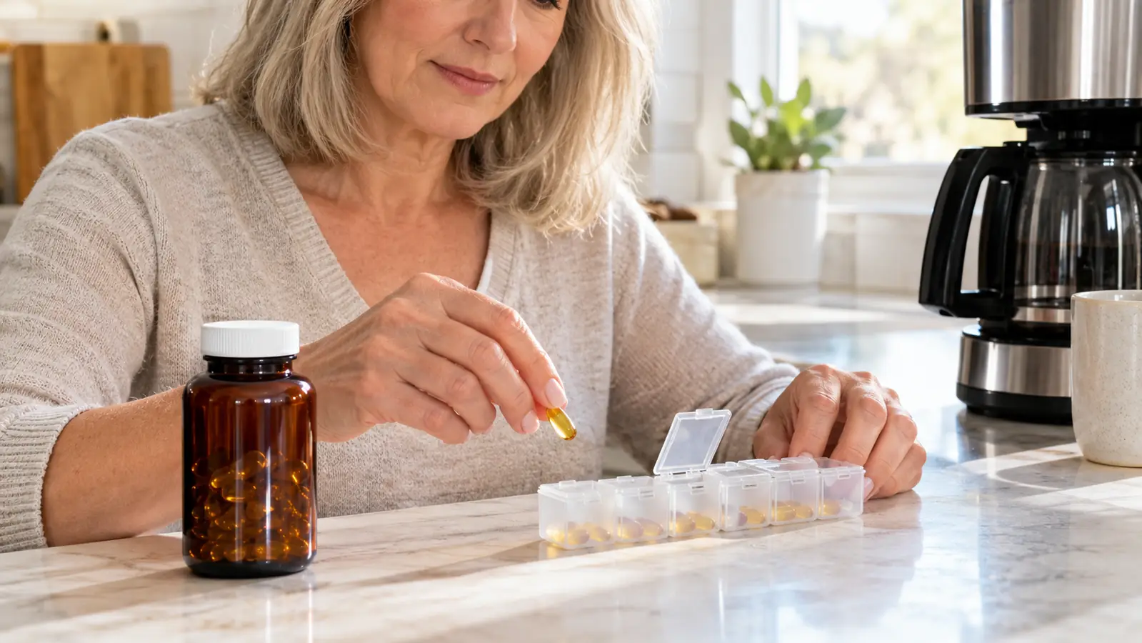 A woman in her late fifties placing a softgel supplement into a compartment of a weekly pill organizer on a kitchen counter