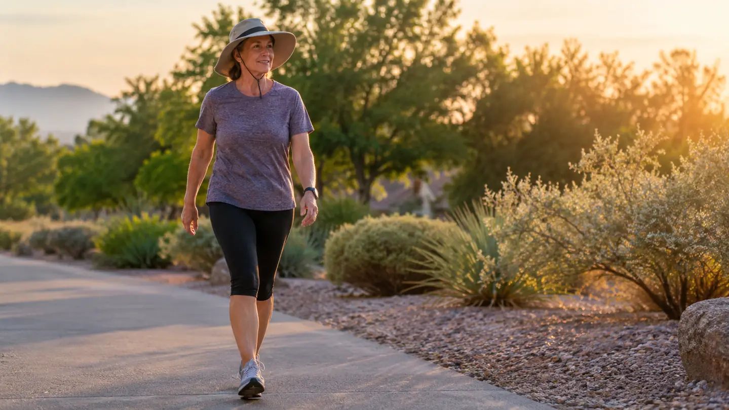 A woman in her late fifties walking on a flat paved path in a desert neighborhood in the early morning, wearing a sun hat and walking shoes