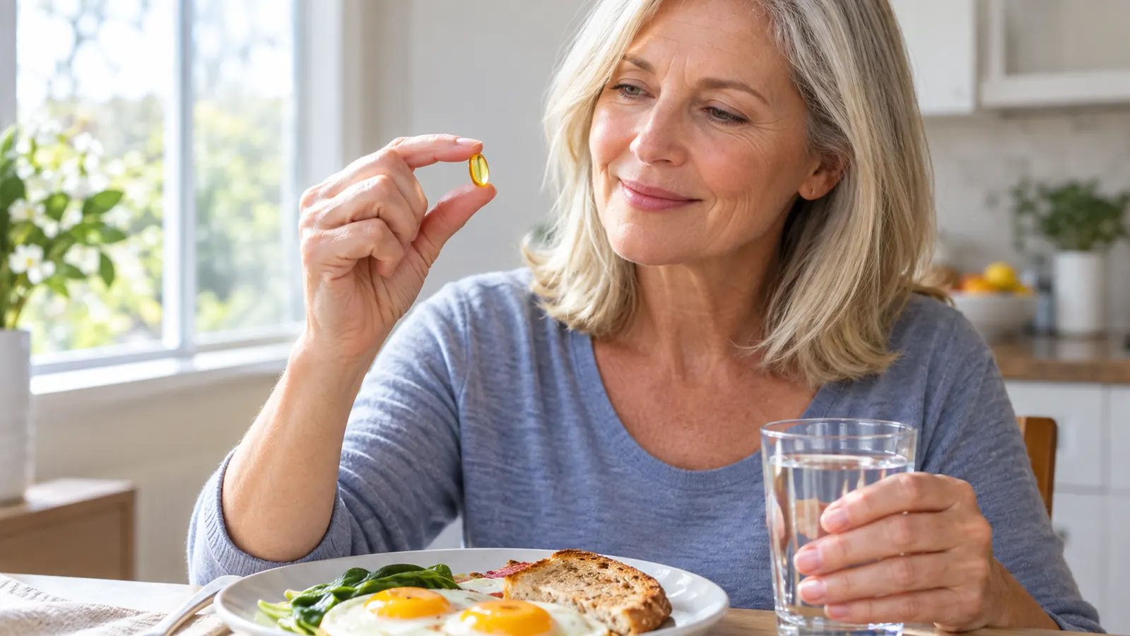 A hand holding a softgel supplement over a breakfast plate.