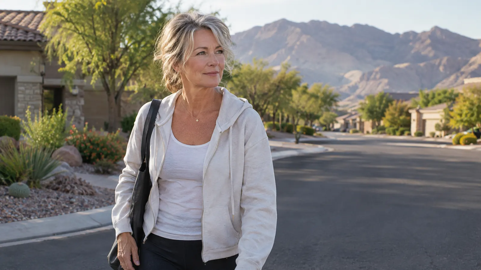A woman in her late fifties walking on a quiet residential street in the morning.