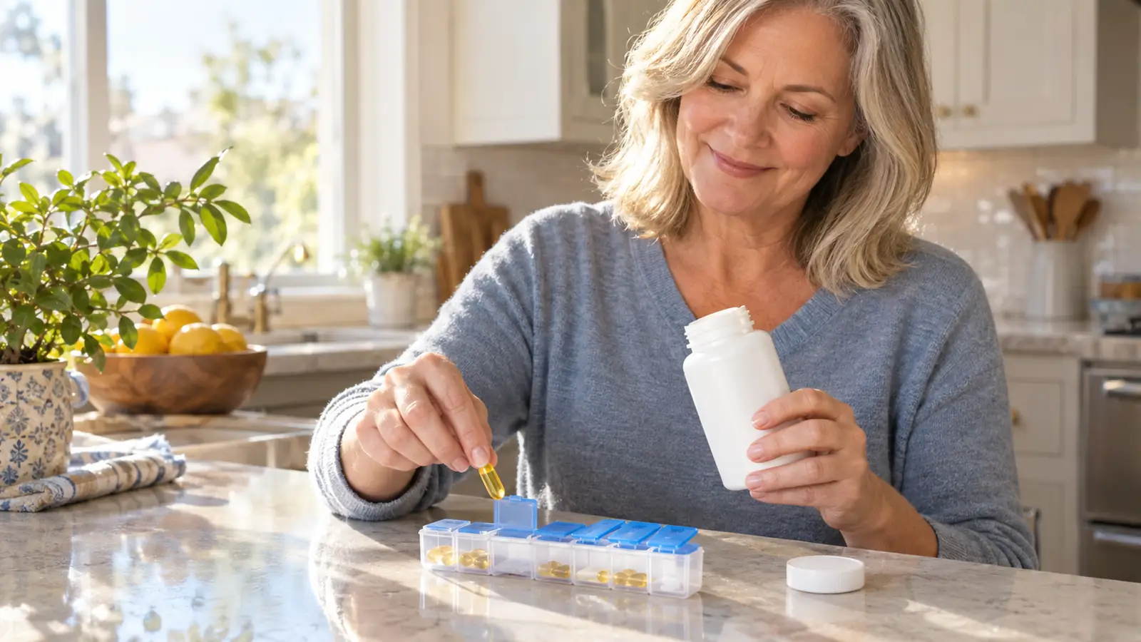 Hand placing a fish oil supplement into a weekly pill organizer on a kitchen counter