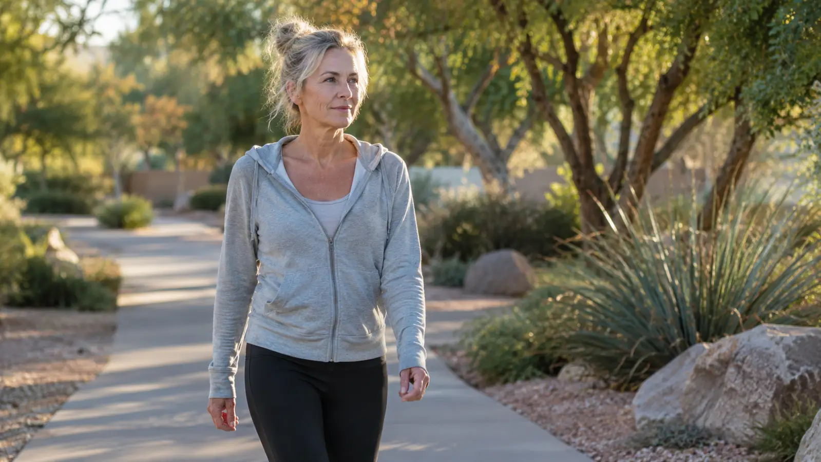 Woman in her late fifties on an early morning walk through a quiet neighborhood