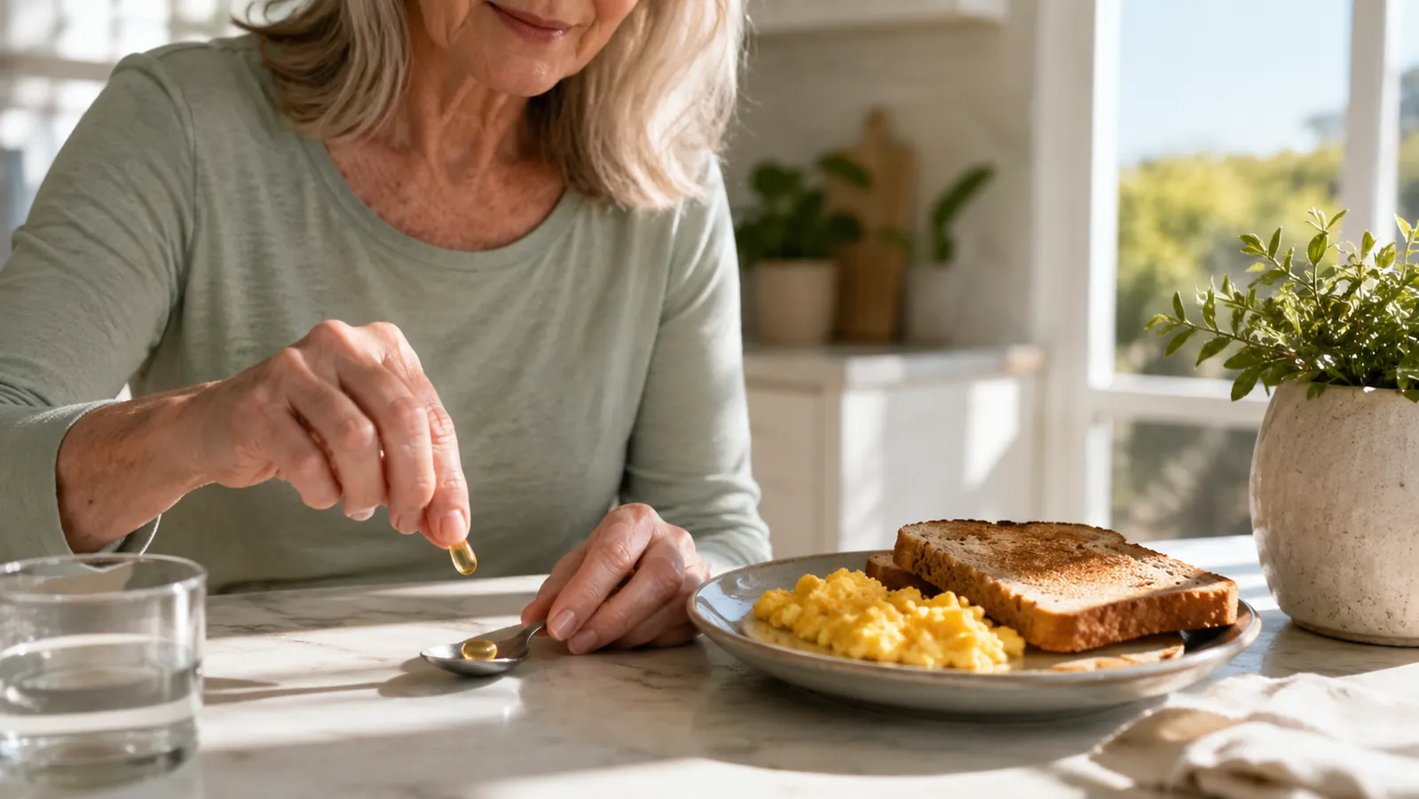 A hand places a supplement softgel on a spoon beside a plate of eggs and toast at a breakfast table