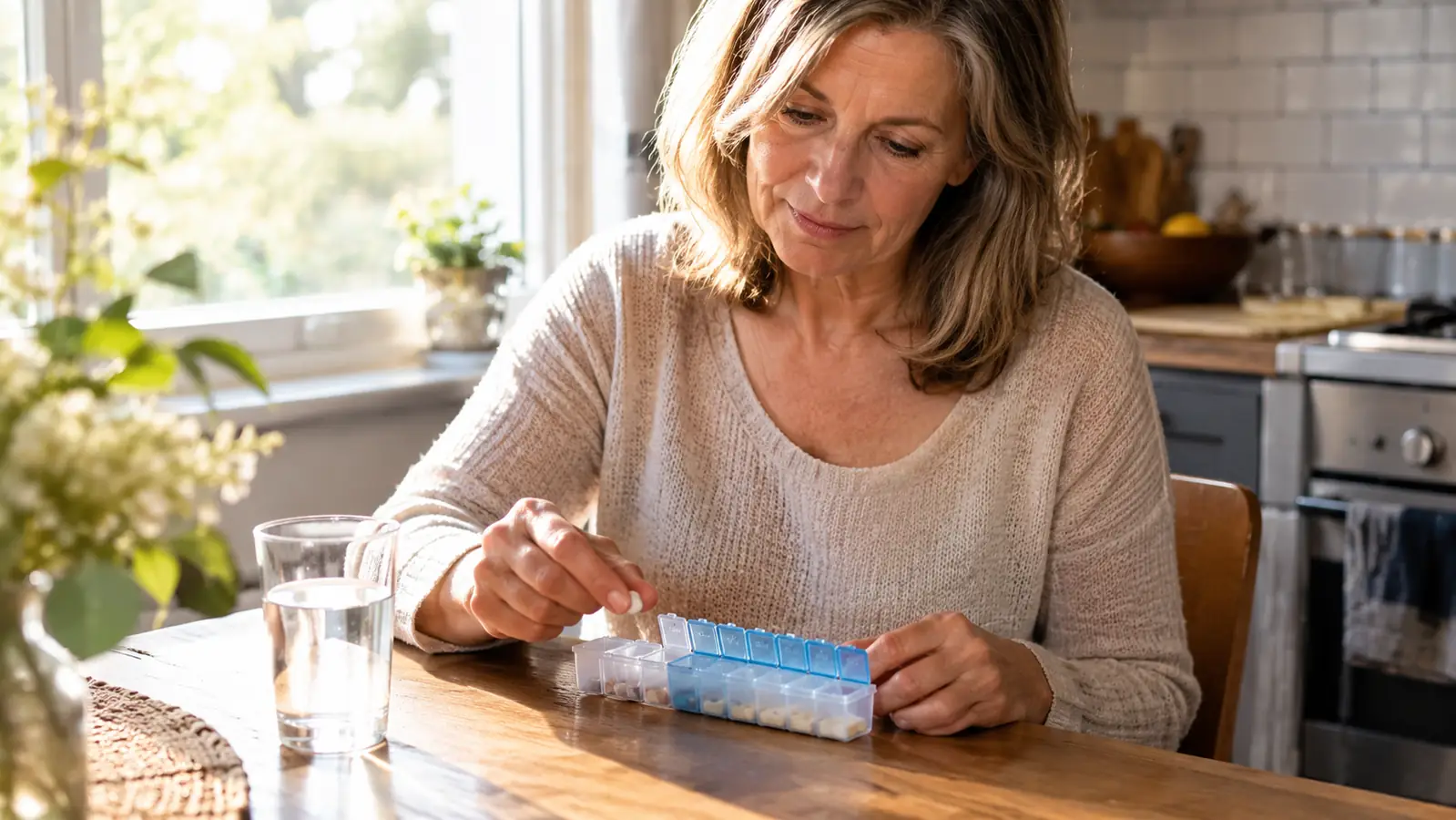 A woman in her late fifties sits at a kitchen table with a weekly pill organizer and a glass of water in the morning