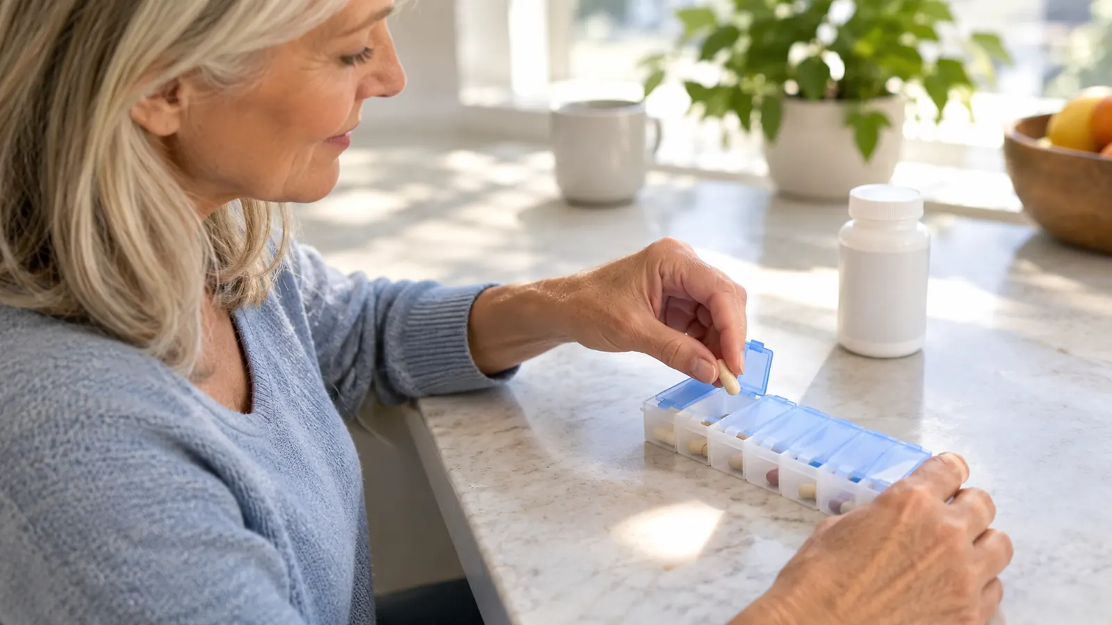 A hand placing one small supplement capsule into a weekly pill organizer tray on a kitchen counter