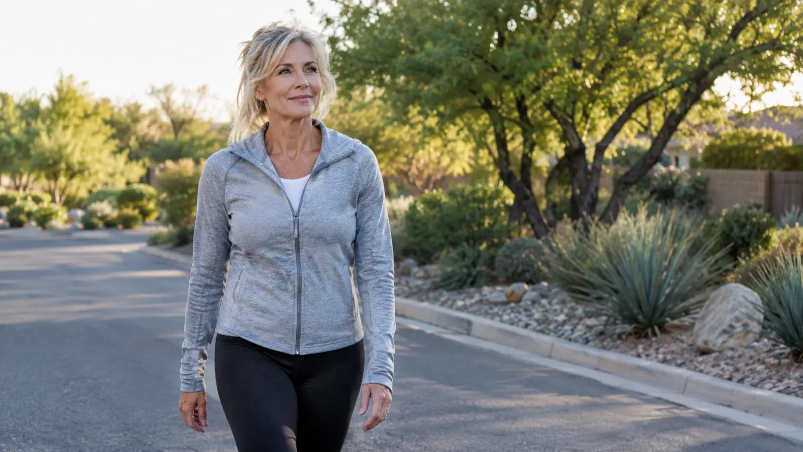 A woman in her late fifties walking on a quiet residential street in the morning, wearing a light jacket and walking shoes, soft early light