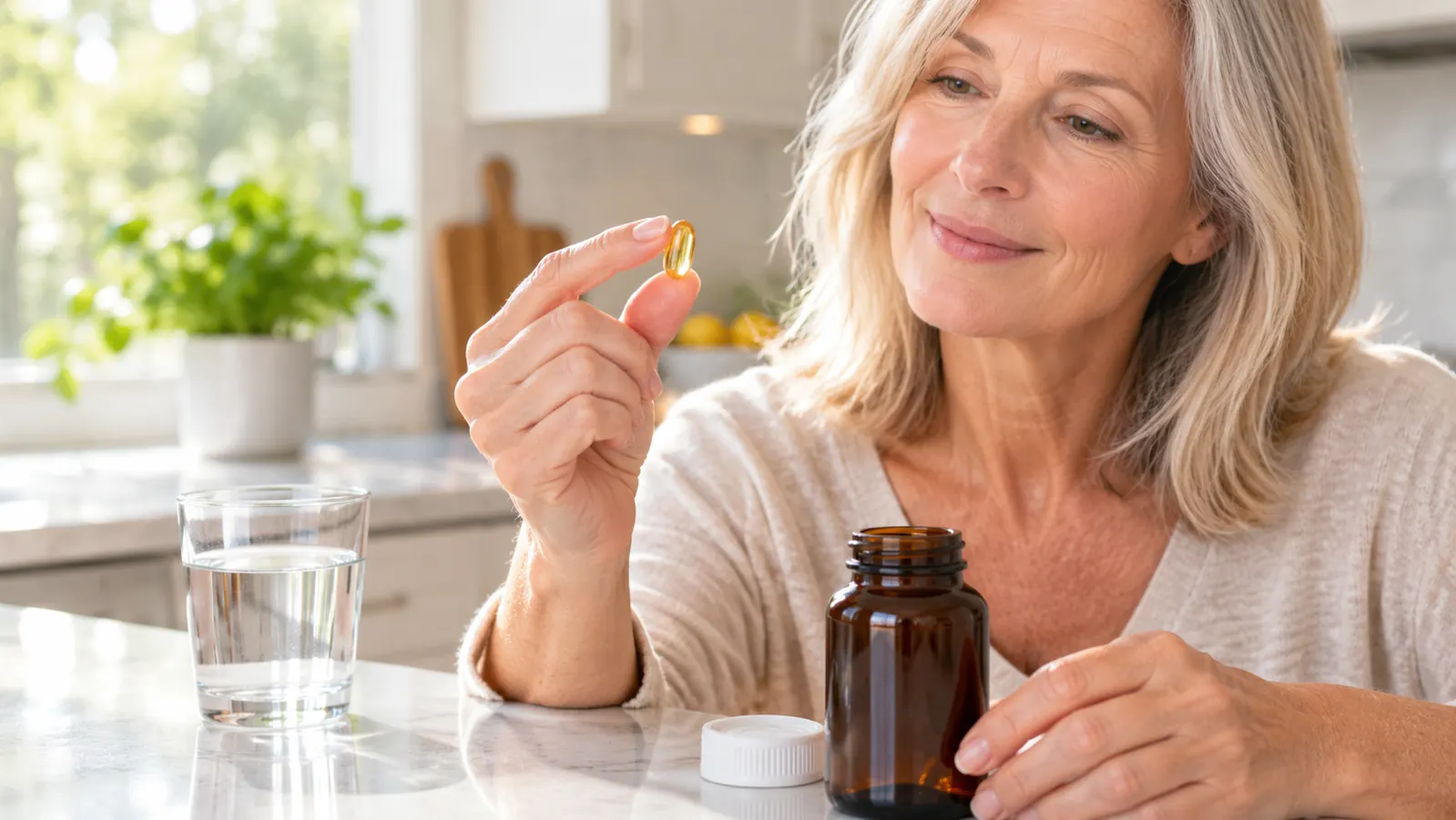 A hand holding a single softgel capsule above a kitchen counter, with the supplement bottle standing nearby