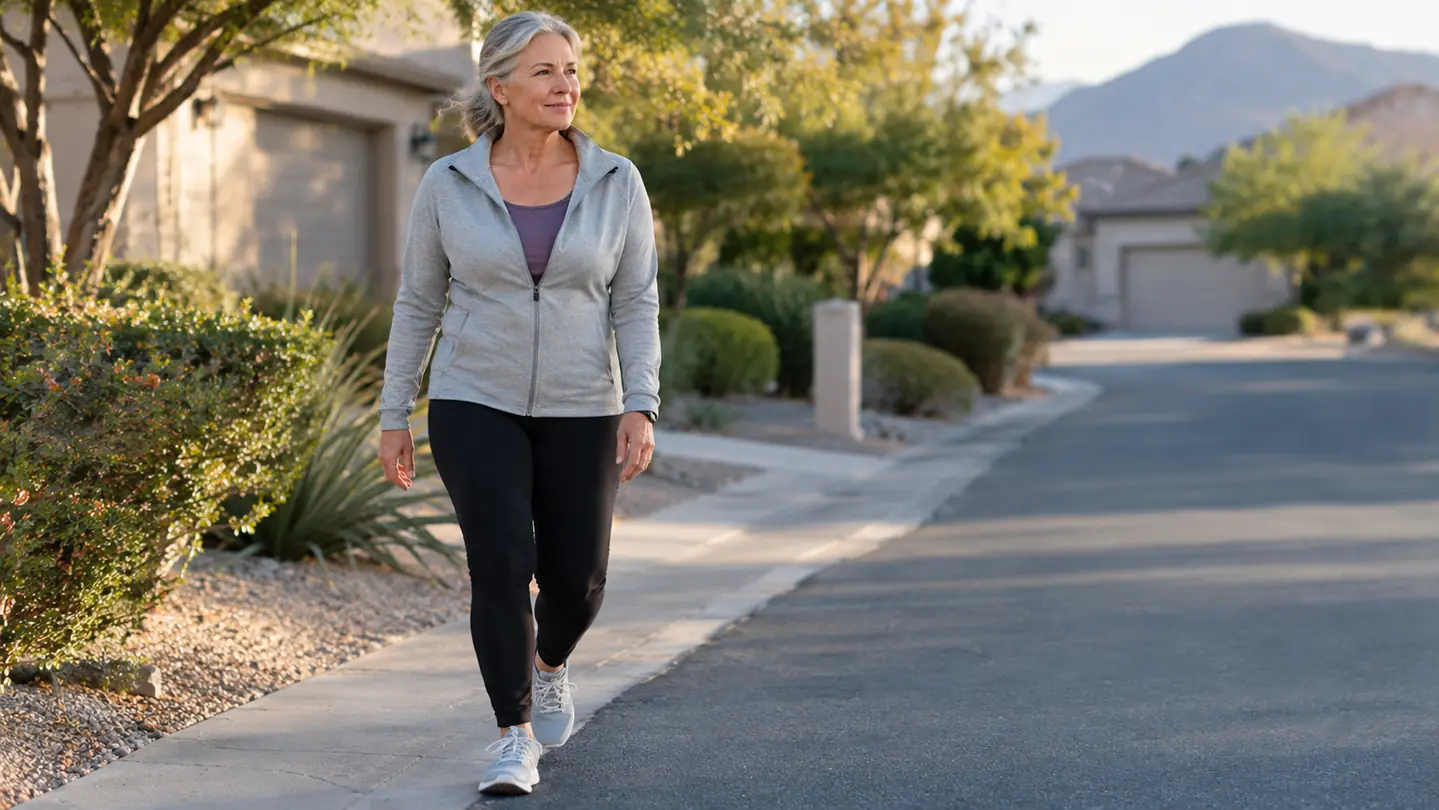 A woman in her late fifties walking on a quiet residential street in the morning, wearing comfortable walking shoes