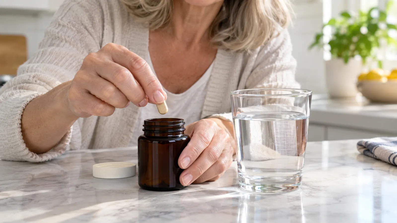 A hand placing one daily supplement serving beside a glass of water on a kitchen counter in the morning